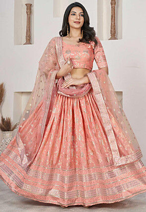 Woven Art Silk Jacquard Lehenga in Peach
