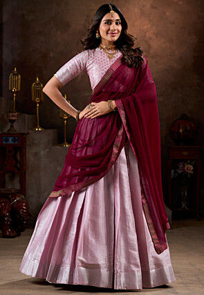 Woven Art Silk Jacquard Lehenga in Pink
