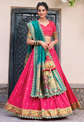 Woven Art Silk Jacquard Lehenga in Fuchsia
