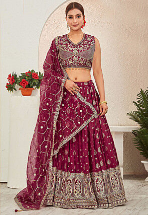 Woven Art Silk Jacquard Lehenga in Pink