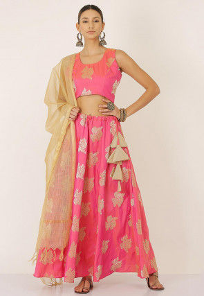 Woven Art Silk Jacquard Lehenga in Pink