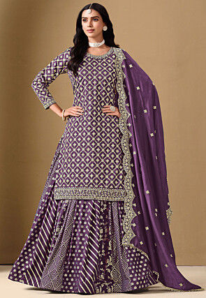 Woven Art Silk Jacquard Lehenga in Purple