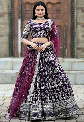 Woven Art Silk Jacquard Lehenga in Purple