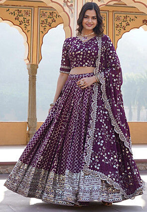 Woven Art Silk Jacquard Lehenga in Purple