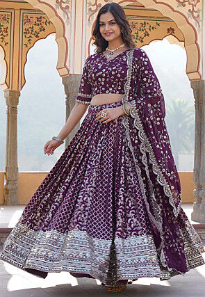 Woven Art Silk Jacquard Lehenga in Purple