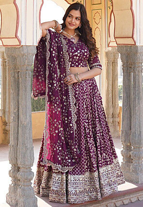 Woven Art Silk Jacquard Lehenga in Purple