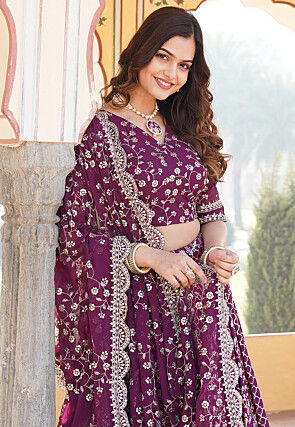 Woven Art Silk Jacquard Lehenga in Purple