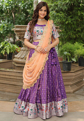 Woven Art Silk Jacquard Lehenga in Purple