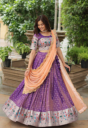 Woven Art Silk Jacquard Lehenga in Purple