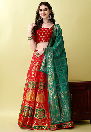 Woven Art Silk Jacquard Lehenga in Red