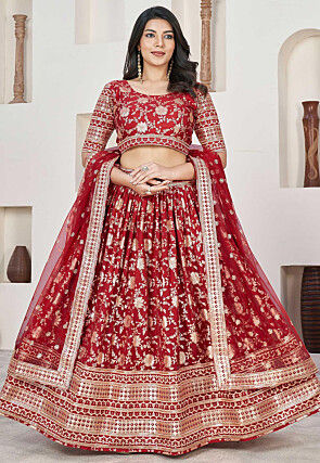 Woven Art Silk Jacquard Lehenga in Red