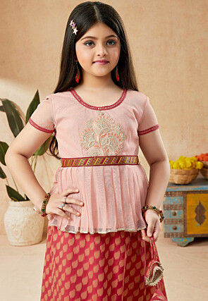 Woven Art Silk Jacquard Lehenga in Red