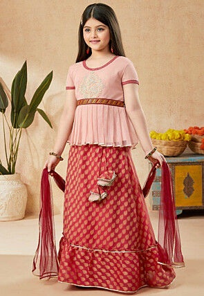 Woven Art Silk Jacquard Lehenga in Red