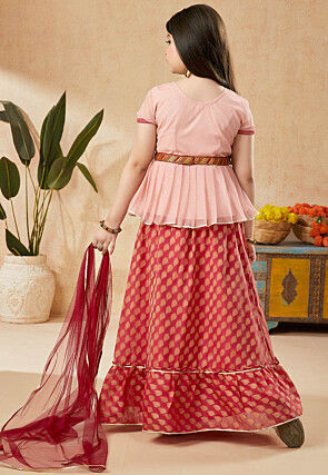 Woven Art Silk Jacquard Lehenga in Red
