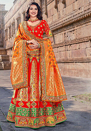 Woven Art Silk Jacquard Lehenga in Red