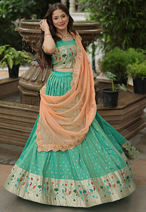 Woven Art Silk Jacquard Lehenga in Sea Green