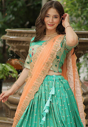 Woven Art Silk Jacquard Lehenga in Sea Green