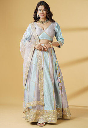 Woven Art Silk Jacquard Lehenga in Sky Blue and Dusty Purple