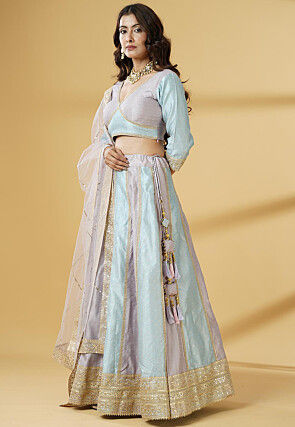 Woven Art Silk Jacquard Lehenga in Sky Blue and Dusty Purple