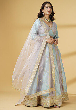 Woven Art Silk Jacquard Lehenga in Sky Blue and Dusty Purple