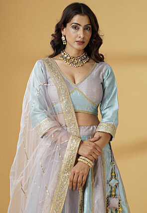 Woven Art Silk Jacquard Lehenga in Sky Blue and Dusty Purple