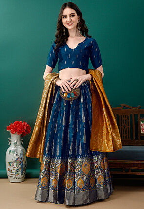 Woven Art Silk Jacquard Lehenga in Teal Blue