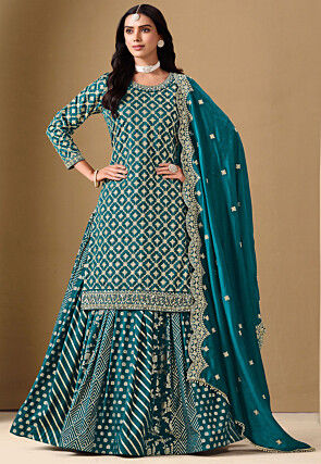 Woven Art Silk Jacquard Lehenga in Teal Blue