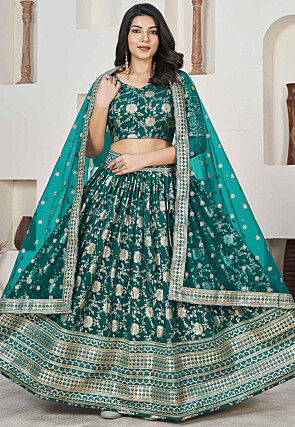Woven Art Silk Jacquard Lehenga in Teal Green