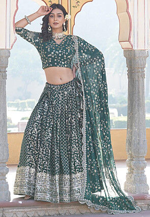 Woven Art Silk Jacquard Lehenga in Teal Green