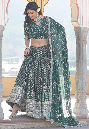 Woven Art Silk Jacquard Lehenga in Teal Green