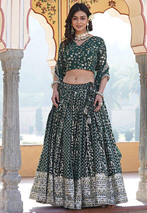 Woven Art Silk Jacquard Lehenga in Teal Green