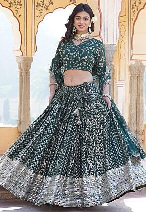Woven Art Silk Jacquard Lehenga in Teal Green