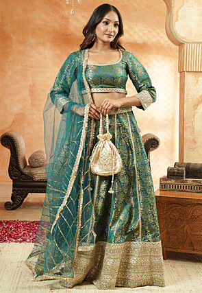 Woven Art Silk Jacquard Lehenga in Teal Green