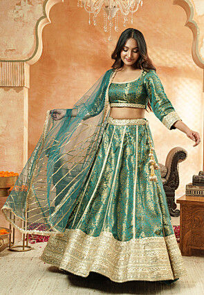 Woven Art Silk Jacquard Lehenga in Teal Green
