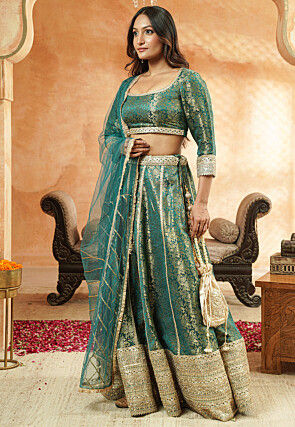 Woven Art Silk Jacquard Lehenga in Teal Green
