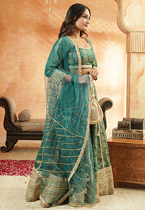 Woven Art Silk Jacquard Lehenga in Teal Green