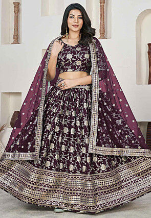 Woven Art Silk Jacquard Lehenga in Wine