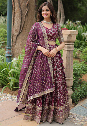Woven Art Silk Jacquard Lehenga in Wine