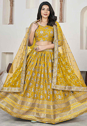 Woven Art Silk Jacquard Lehenga in Yellow