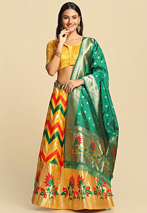 Woven Art Silk Jacquard Lehenga in Yellow