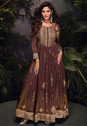 Woven Art Silk Jacquard Long Kurta in Dark Brown