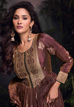 Woven Art Silk Jacquard Long Kurta in Dark Brown