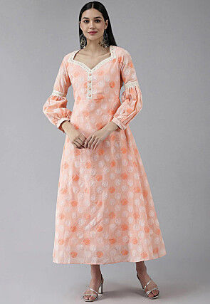 Woven Art Silk Jacquard Midi Dress in Peach