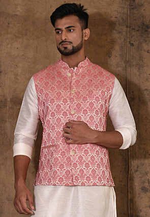 Woven Art Silk Jacquard Nehru Jacket in Beige and Pink