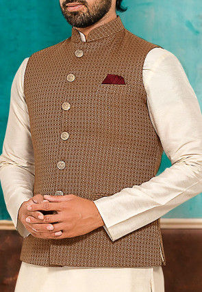 Woven Art Silk Jacquard Nehru Jacket in Beige