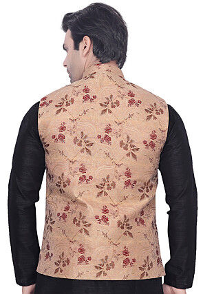 Woven Art Silk Jacquard Nehru Jacket in Beige