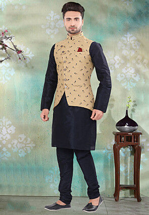 Woven Art SIlk Jacquard Nehru Jacket in Beige