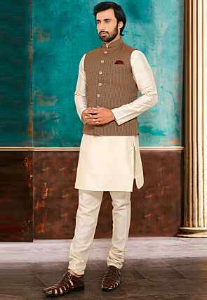 Woven Art SIlk Jacquard Nehru Jacket in Beige