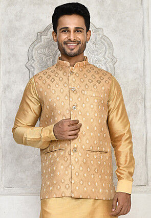 Woven Art Silk Jacquard Nehru Jacket in Beige