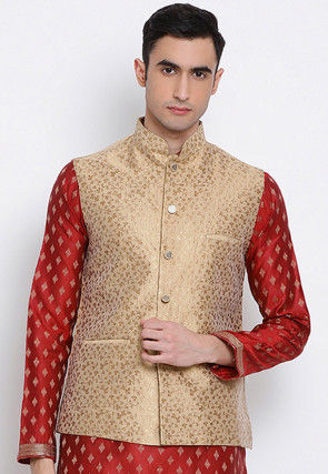Woven Art Silk Jacquard Nehru Jacket in Beige